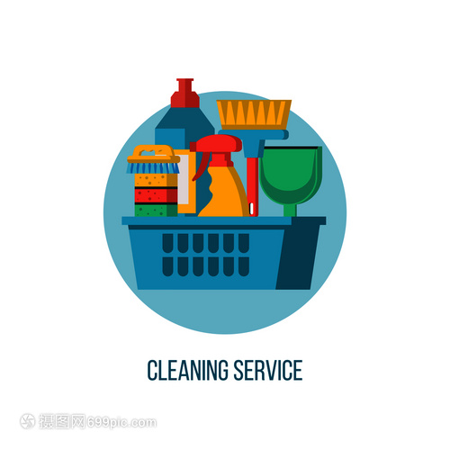 清洁服务矢量标志套清洁用品带清洁产品刷子的篮子